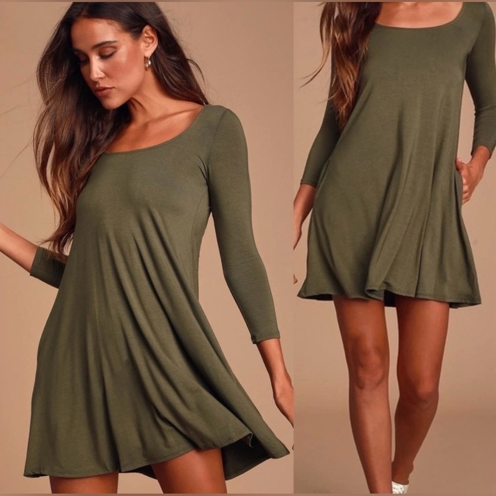 Lulus Twirl Power Swing Dress in Olive Green